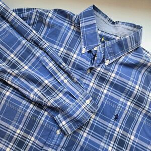 Ralph Lauren Button Down Shirt XL  Cotton Stretch Blue Plaid Mens Long‎ Sleeve